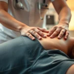 Photorealistic image of a therapist performing therapeutic massage on a patient's shoulder in a clinical wellness setting, warm lighting, professional medical environment, close-up of hands demonstrating proper technique