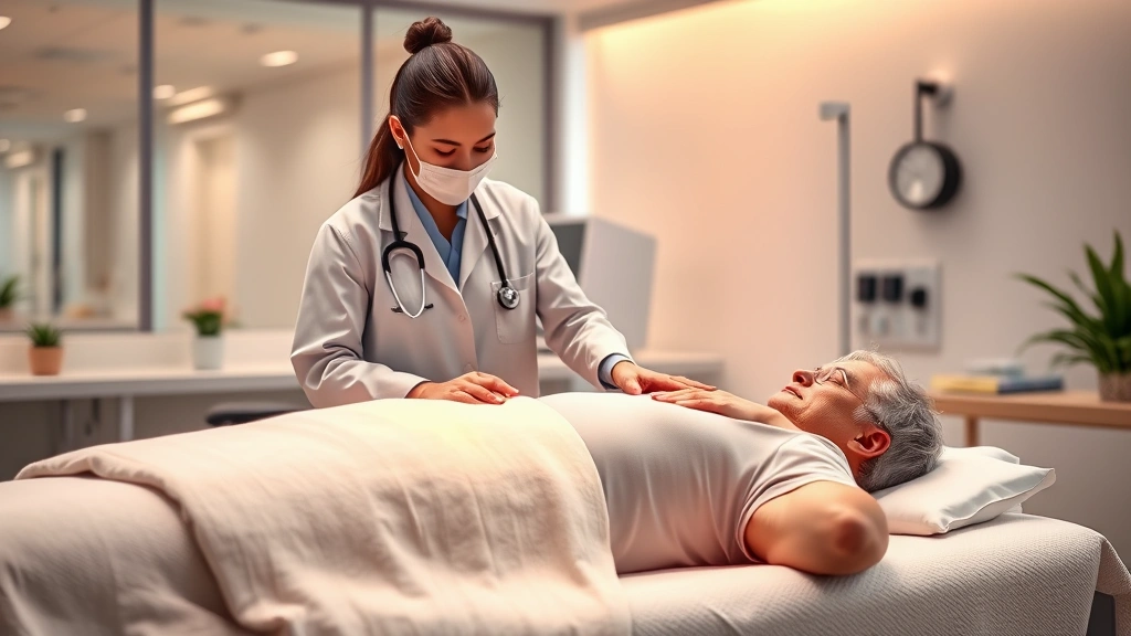 Photorealistic image of a patient receiving thermal anodyne therapy treatment with professional therapist present, modern medical facility background, demonstrating patient comfort and care during pain relief session