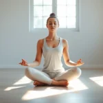 Person meditating peacefully in lotus position with soft natural light streaming through windows, serene facial expression, minimalist modern room background, photorealistic photography, calm atmosphere