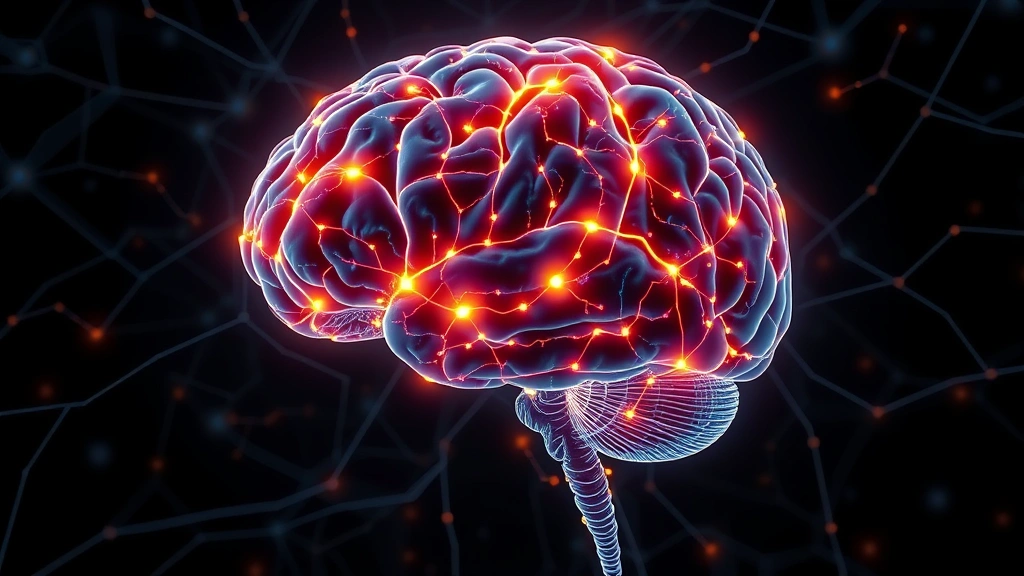 Brain illustration showing neural networks with glowing connections, prefrontal cortex and amygdala highlighted, representing mindfulness neuroplasticity, scientific visualization, vibrant colors against dark background