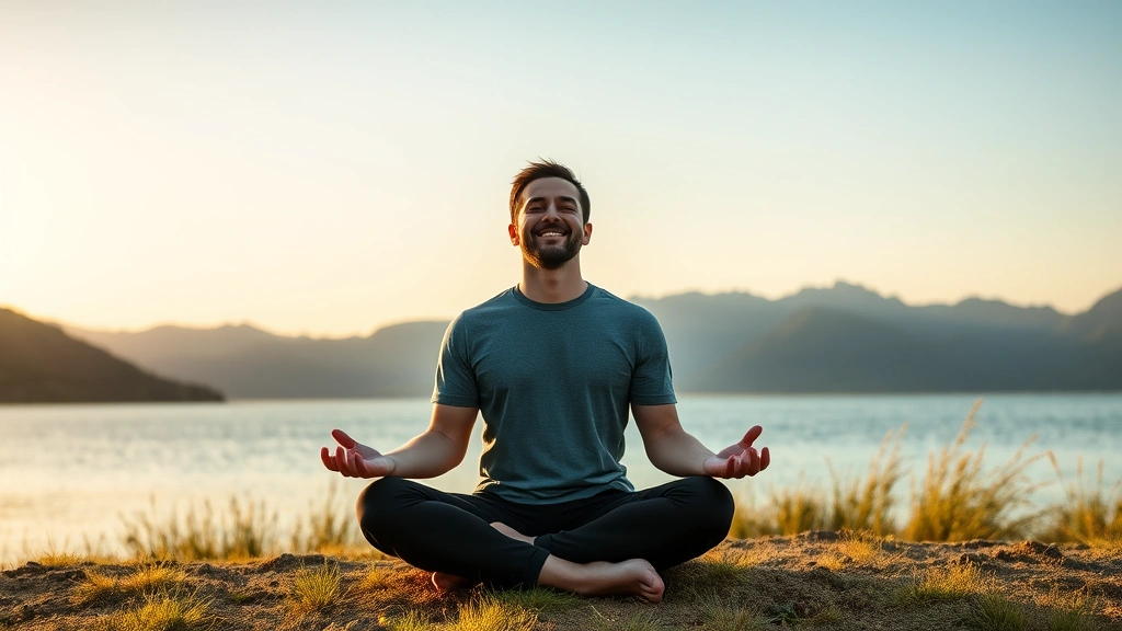 Person practicing mindfulness meditation outdoors in nature, sitting by water with mountains in background, peaceful expression, golden hour lighting, photorealistic nature scene