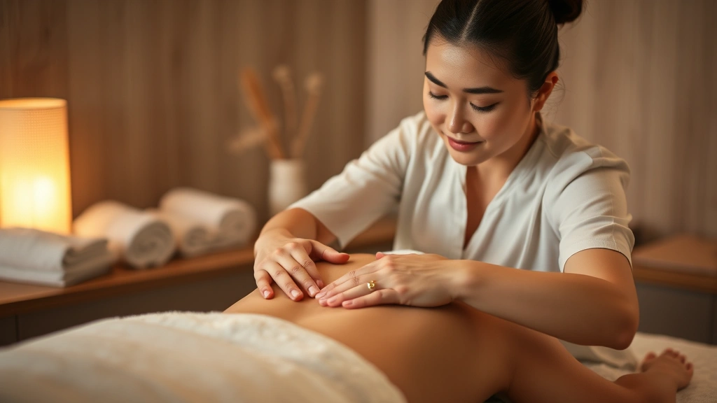 Serene spa therapist performing traditional Asian massage on client's back, warm lighting, peaceful expression, hands applying precise pressure, relaxing environment with soft towels and neutral tones