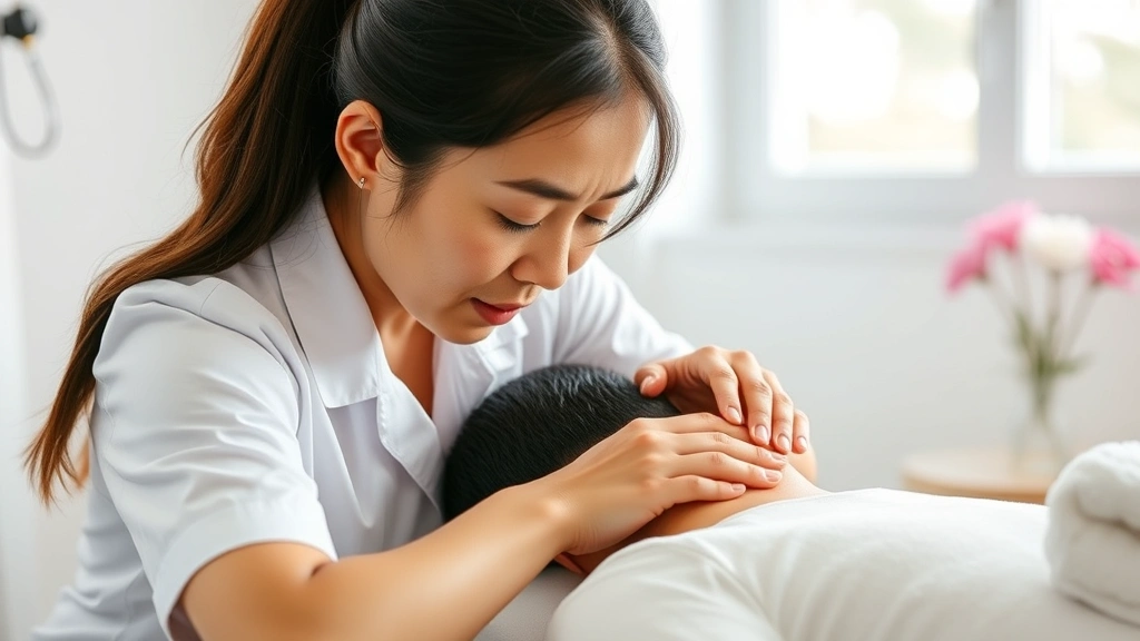 Asian massage practitioner working on client's shoulders and neck area, demonstrating tension relief technique, calm facial expressions, natural daylight filtering through windows, professional clinical atmosphere