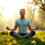 Person sitting in peaceful meditation pose in serene natural setting with soft morning light filtering through trees, calm expression, surrounded by nature elements like flowers and grass, photorealistic, no text