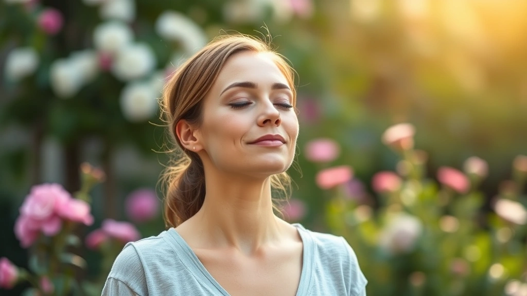 Woman practicing mindful breathing outdoors in garden, eyes closed peacefully, soft natural lighting, flowers blooming in background, serene expression, photorealistic wellness imagery, no text
