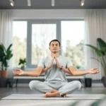 Patient in peaceful meditation pose in modern healthcare clinic setting with soft natural light, serene expression, calm breathing, wellness environment with plants and minimalist design