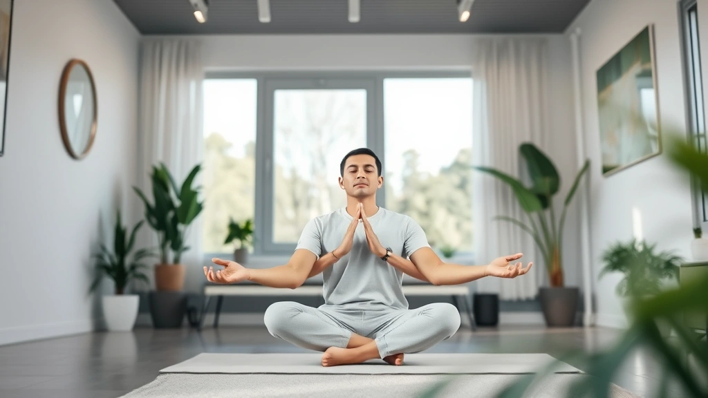 Patient in peaceful meditation pose in modern healthcare clinic setting with soft natural light, serene expression, calm breathing, wellness environment with plants and minimalist design