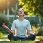 Person meditating peacefully in serene garden with soft natural light, eyes closed in calm concentration, photorealistic wellness scene