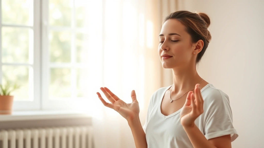 Individual practicing mindful breathing with peaceful expression, hands in meditation mudra, natural light streaming through window, tranquil therapy setting