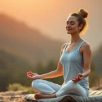 Person meditating peacefully in serene natural environment with soft golden lighting, calm expression, lotus position on meditation cushion, mountains or forest background, representing stress relief and mental wellness for skin health