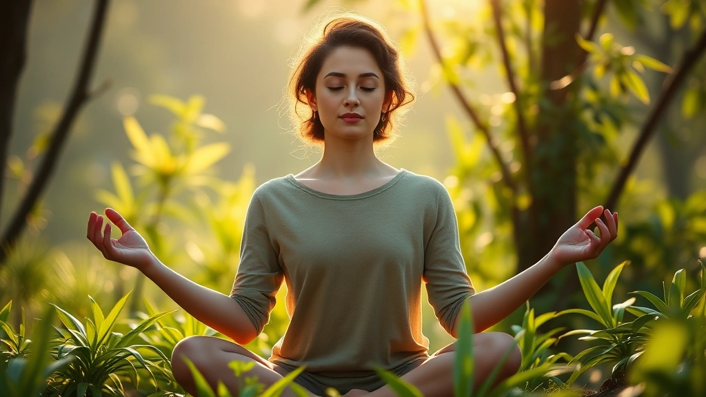 Person in peaceful meditation pose on nature background, soft morning light, serene facial expression, surrounded by green plants, photorealistic wellness imagery