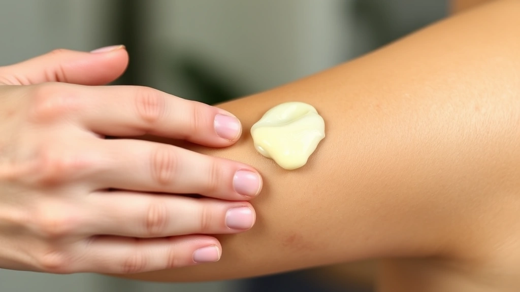Close-up of hands gently applying soothing balm to inflamed skin patch on arm, showing care and mindfulness in skincare routine, soft natural lighting, demonstrating therapeutic self-care and eczema management