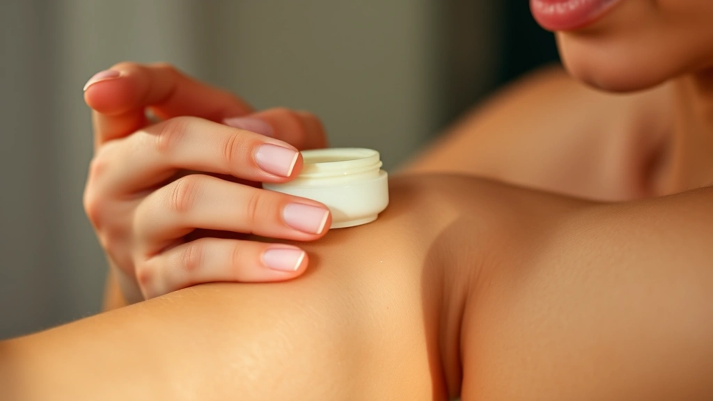 Close-up of hands gently applying moisturizing balm to arm skin, warm lighting, showing self-care ritual, peaceful expression, natural skincare application moment