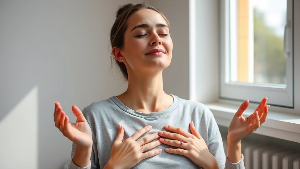 Woman practicing breathing exercise with eyes closed, peaceful facial expression, sitting by window with natural daylight, hands on chest showing respiratory awareness, representing mindfulness techniques for itch relief
