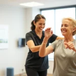 Physical therapist guiding patient through therapeutic exercise in modern clinic, both smiling, warm lighting, showing movement and progress, professional healthcare setting