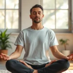 A person sitting in peaceful meditation pose indoors, soft natural light streaming through windows, calm facial expression, serene environment with plants, photorealistic high quality