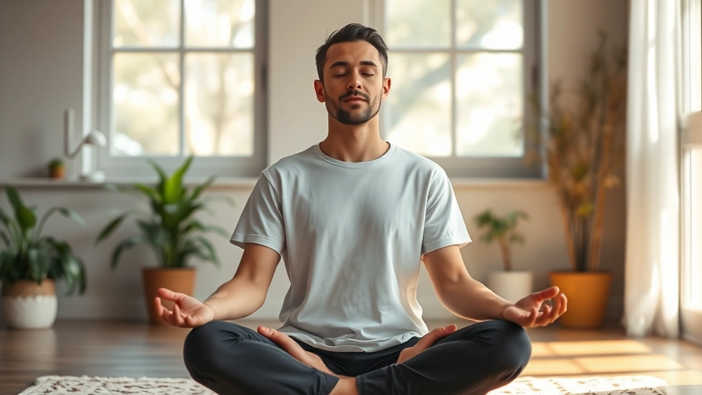 A person sitting in peaceful meditation pose indoors, soft natural light streaming through windows, calm facial expression, serene environment with plants, photorealistic high quality
