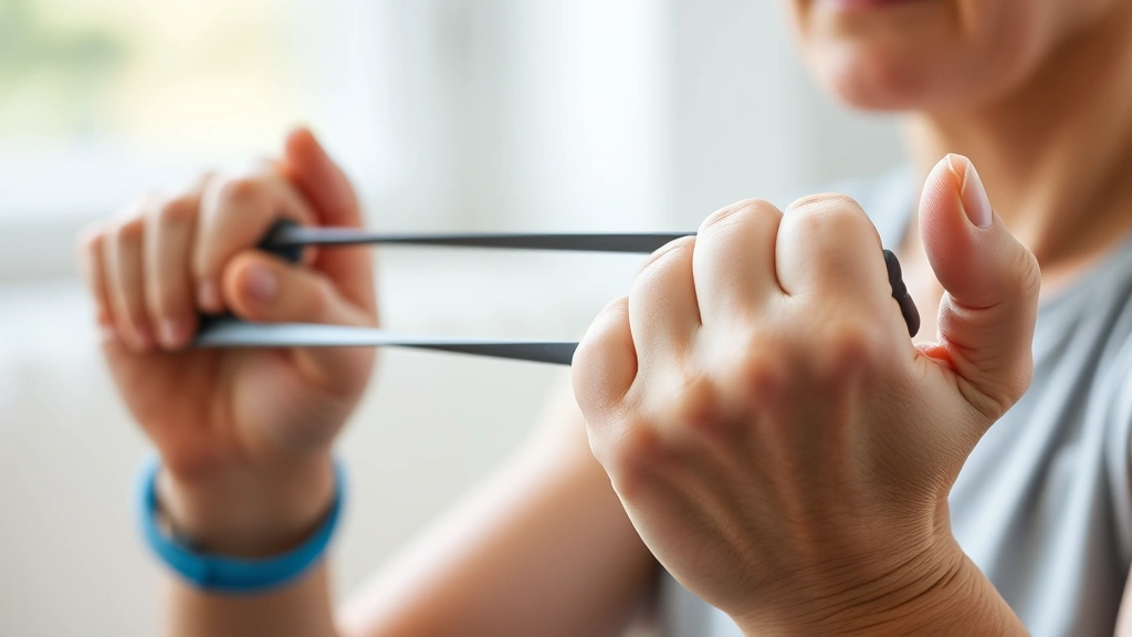 Close-up of patient hands performing rehabilitation exercise with resistance band, focused expression, natural daylight, demonstrating achievement and capability