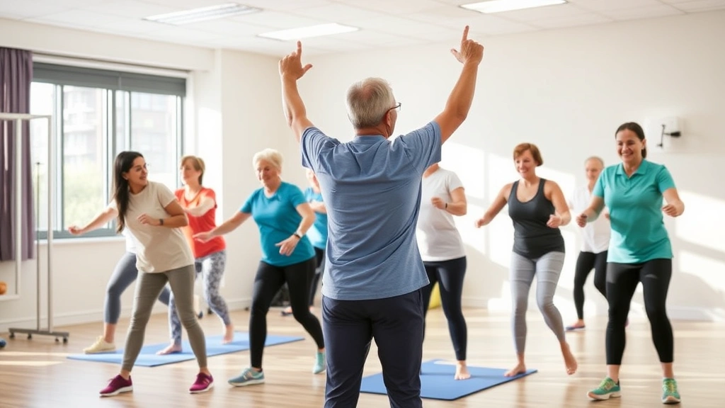 Group physical therapy session with diverse patients exercising together, supportive atmosphere, encouraging interaction, bright clinical environment showing community and connection