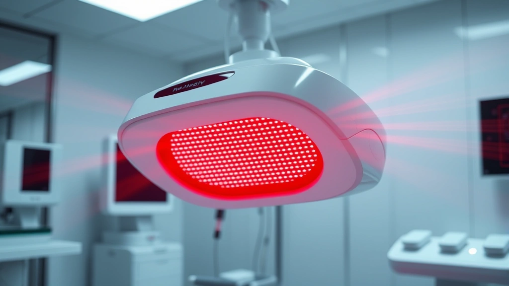 Professional red light therapy device emitting warm red wavelengths in a modern clinical setting, with visible light beams, clean medical environment, photorealistic detail