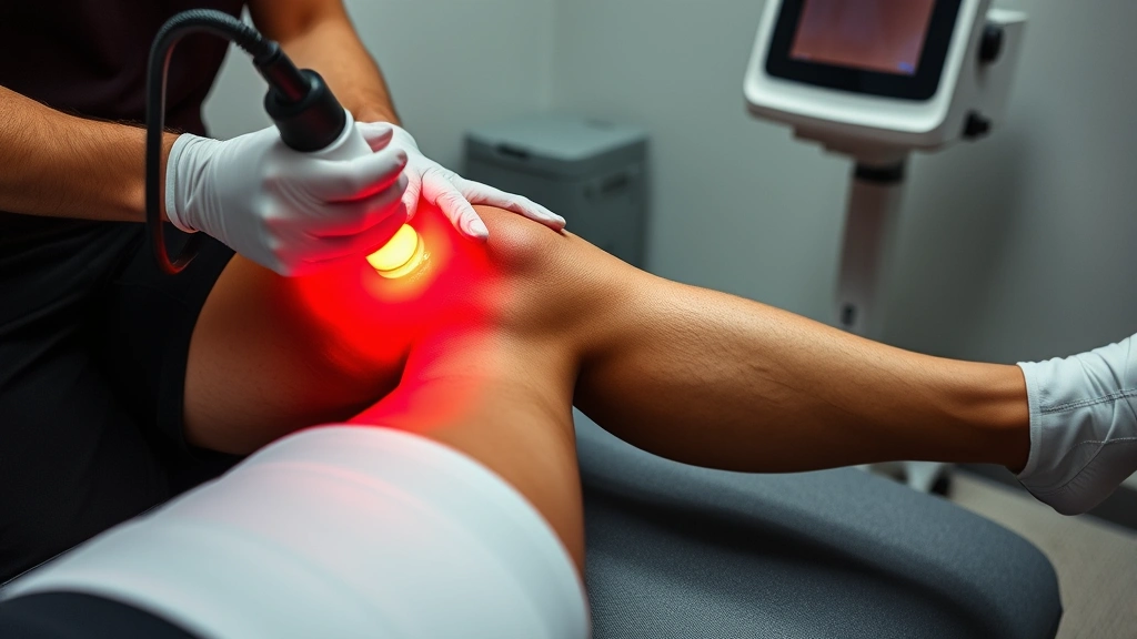 Athlete receiving red light therapy on leg muscle during recovery session, therapeutic clinical setting, professional equipment in use, warm red light visible, no text