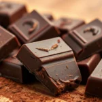 Close-up of dark chocolate pieces with rich cocoa texture and glossy surface, displayed on a wooden board with cocoa powder dusting, warm lighting highlighting the chocolate's depth and quality, no text or labels visible