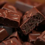 Close-up of artisanal dark chocolate pieces breaking apart, revealing rich interior texture, warm studio lighting, shallow depth of field focusing on chocolate surface, no text or packaging visible