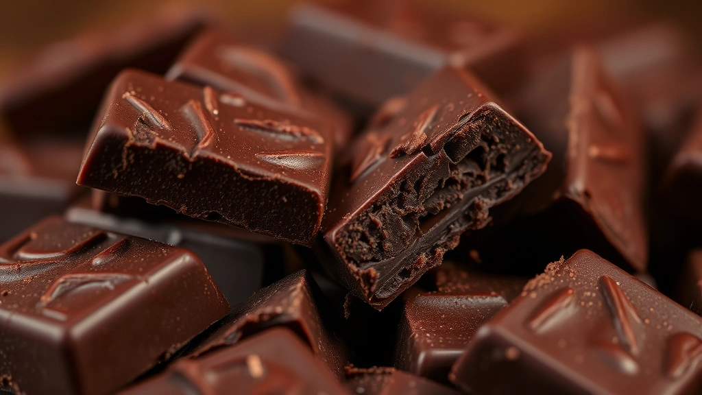 Close-up of artisanal dark chocolate pieces breaking apart, revealing rich interior texture, warm studio lighting, shallow depth of field focusing on chocolate surface, no text or packaging visible