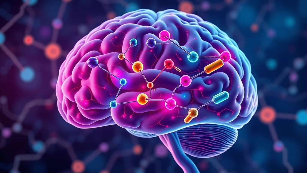 Brain illustration showing neural pathways and neurotransmitter molecules like dopamine and serotonin in vibrant colors, representing neurochemistry and mood regulation, scientific yet visually engaging, photorealistic medical illustration style