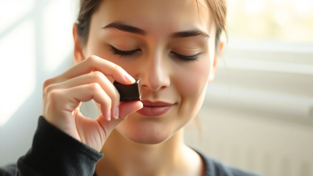 Peaceful person holding small piece of dark chocolate near face with eyes closed, serene expression, soft natural window lighting, minimalist background, authentic moment of mindfulness and calm