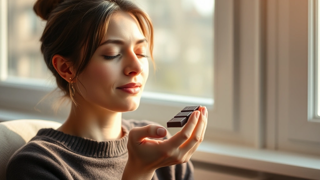 Serene person holding a small piece of dark chocolate mindfully with eyes closed in peaceful expression, sitting in natural light by a window, warm and calming atmosphere, focused on the moment of sensory experience