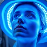 Clinical blue light therapy device emitting bright blue wavelengths toward a person's face, professional medical setting, modern LED panel, photorealistic lighting demonstration