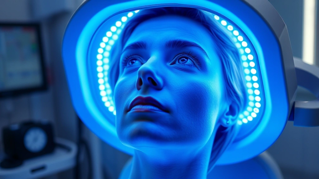 Clinical blue light therapy device emitting bright blue wavelengths toward a person's face, professional medical setting, modern LED panel, photorealistic lighting demonstration