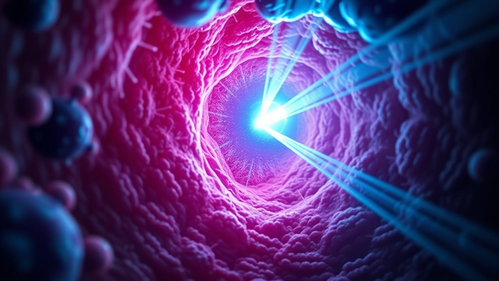 Microscopic view of skin cells with blue light photons interacting with bacterial cells in an acne follicle, scientific illustration style, cellular detail with light rays penetrating dermis