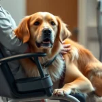 Golden Retriever sitting calmly next to a person in a hospital chair, soft clinical lighting, showing gentle human-dog interaction during therapeutic session, photorealistic