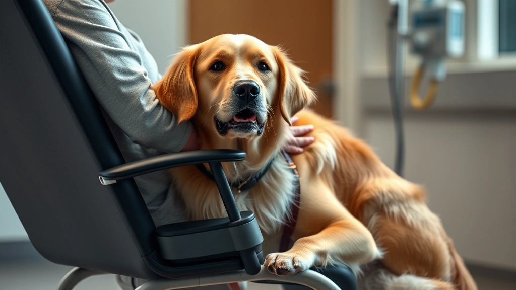 Golden Retriever sitting calmly next to a person in a hospital chair, soft clinical lighting, showing gentle human-dog interaction during therapeutic session, photorealistic