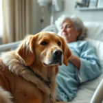 Golden Retriever sitting calmly beside an elderly woman in a hospital bed, gentle interaction, soft lighting, compassionate atmosphere, photorealistic medical setting