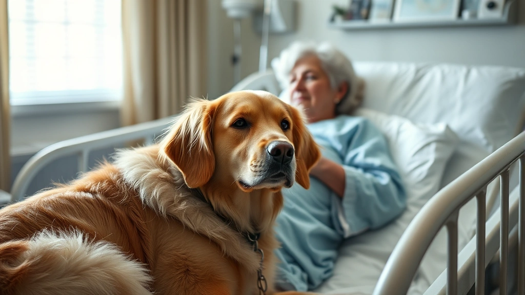 Golden Retriever sitting calmly beside an elderly woman in a hospital bed, gentle interaction, soft lighting, compassionate atmosphere, photorealistic medical setting