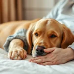 Golden Retriever lying peacefully beside elderly woman's hand on hospital bed, gentle connection, warm lighting, soft focus background, therapeutic environment