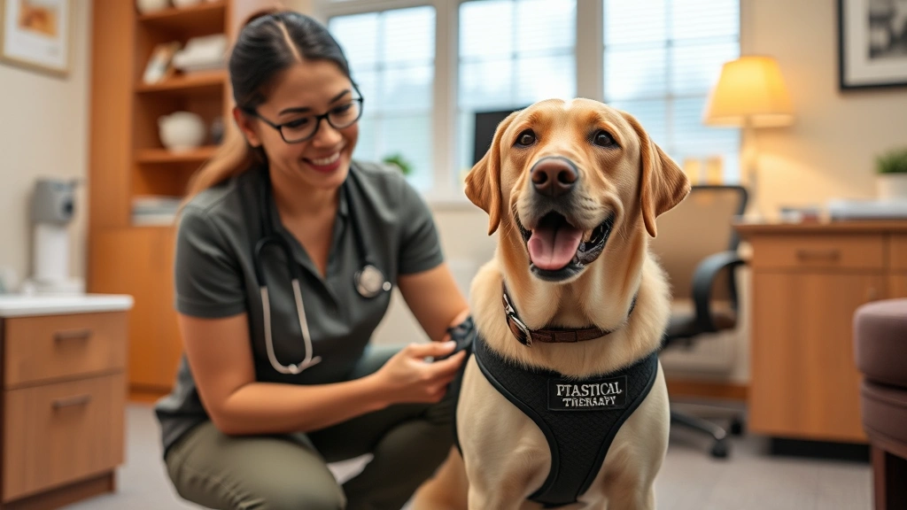 Professional therapy dog handler with trained Labrador in clinical office setting, warm lighting, dog wearing official therapy vest, calm therapeutic environment