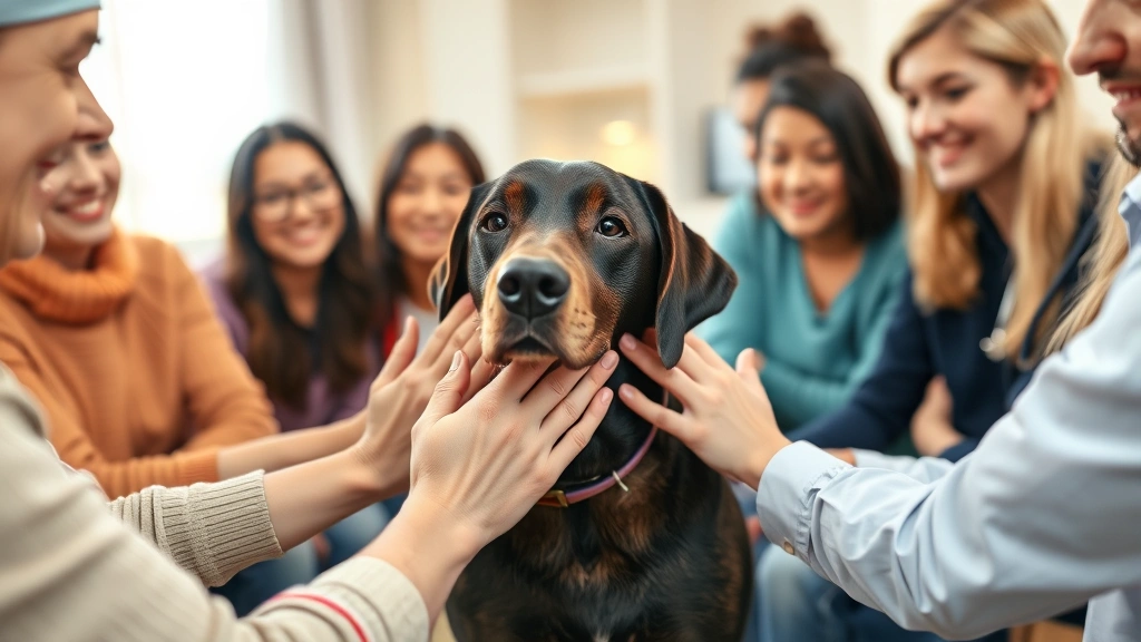 Labrador Retriever being petted by multiple hands in a therapeutic group session, warm indoor lighting, diverse group of people, peaceful expressions, professional healthcare environment