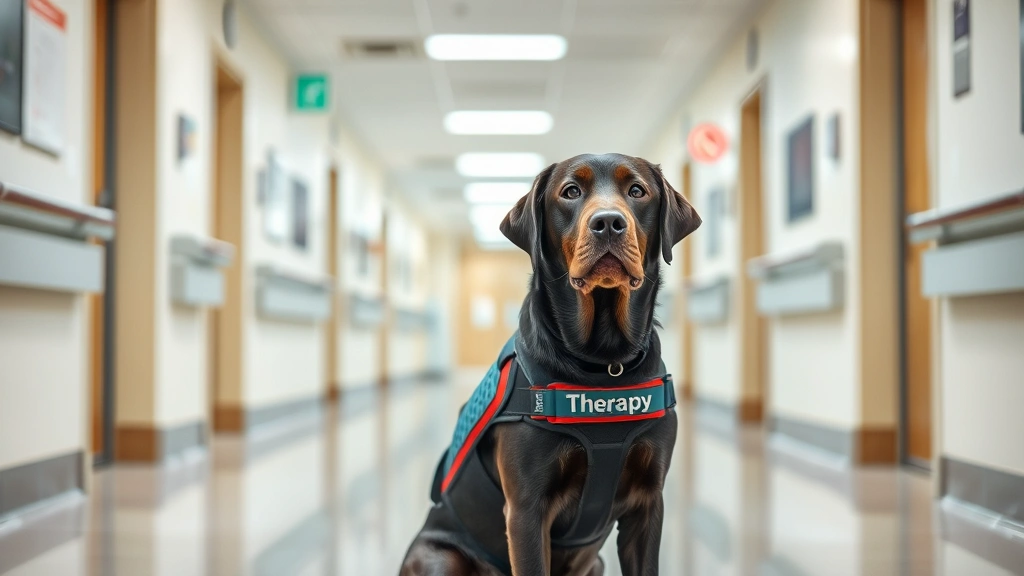 Labrador Retriever in therapy vest sitting attentively in modern hospital corridor, professional medical setting, calm demeanor, healthcare facility background