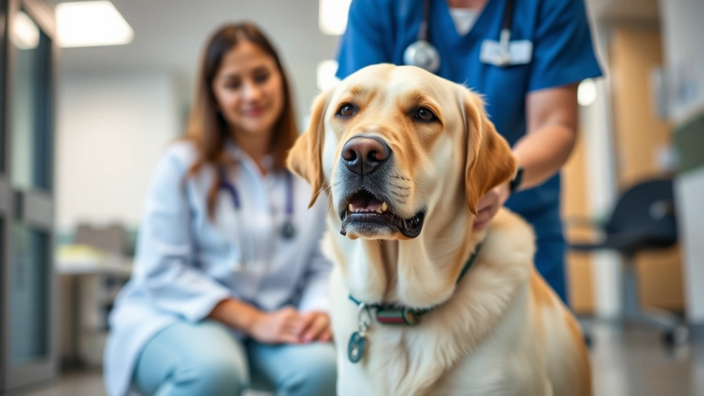 Professional therapy dog trainer working with Labrador Retriever in clinical setting, demonstrating calm behavior techniques, modern medical facility background