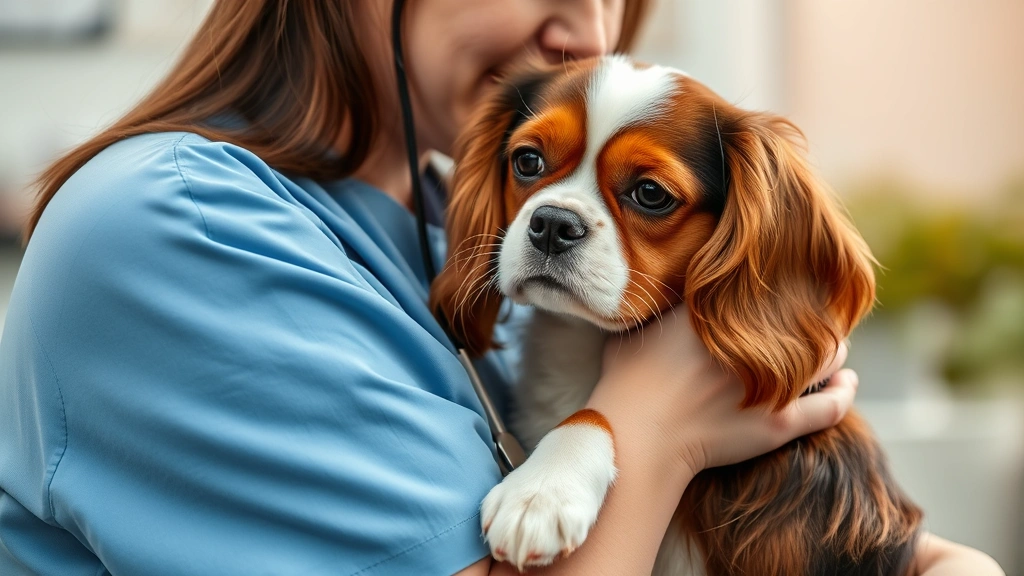 Cavalier King Charles Spaniel comforting a person during emotional moment, compassionate clinical setting, photorealistic showing genuine therapeutic connection and trust