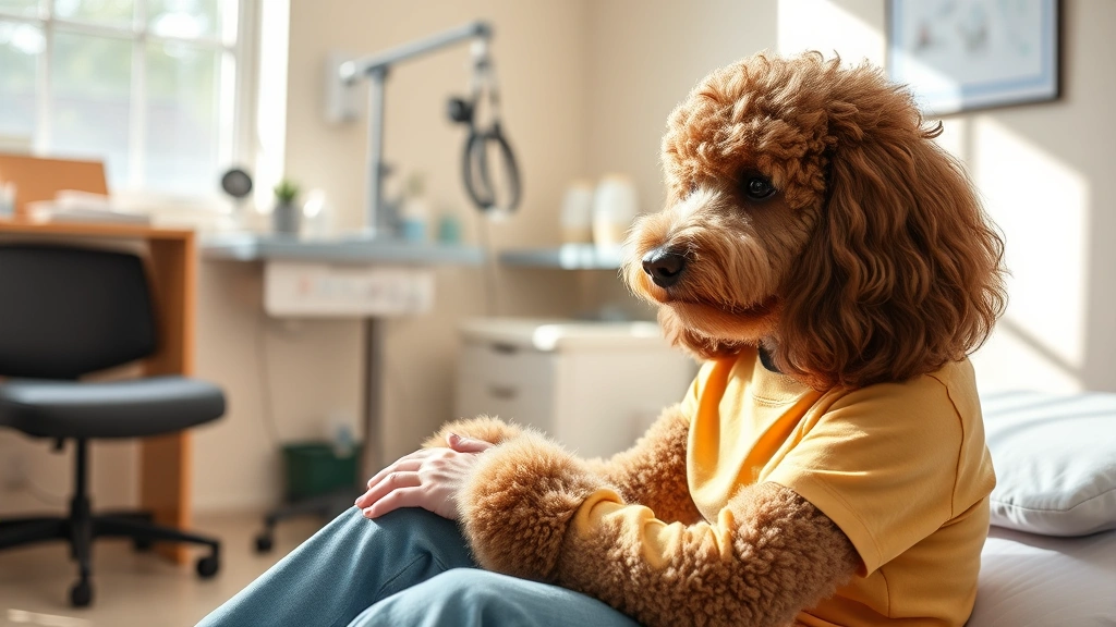 Standard Poodle providing comfort to a young patient in a clinical therapy room, calm demeanor, professional medical decor, natural daylight, therapeutic interaction focus
