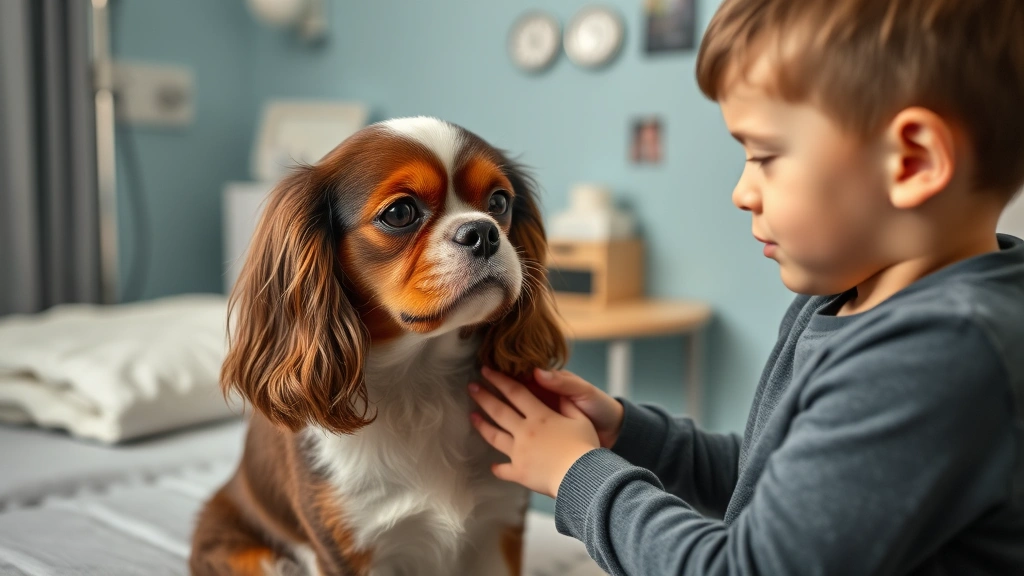 Cavalier King Charles Spaniel being gently petted by child in clinical therapy room, emotional support moment, warm compassionate lighting, therapeutic setting