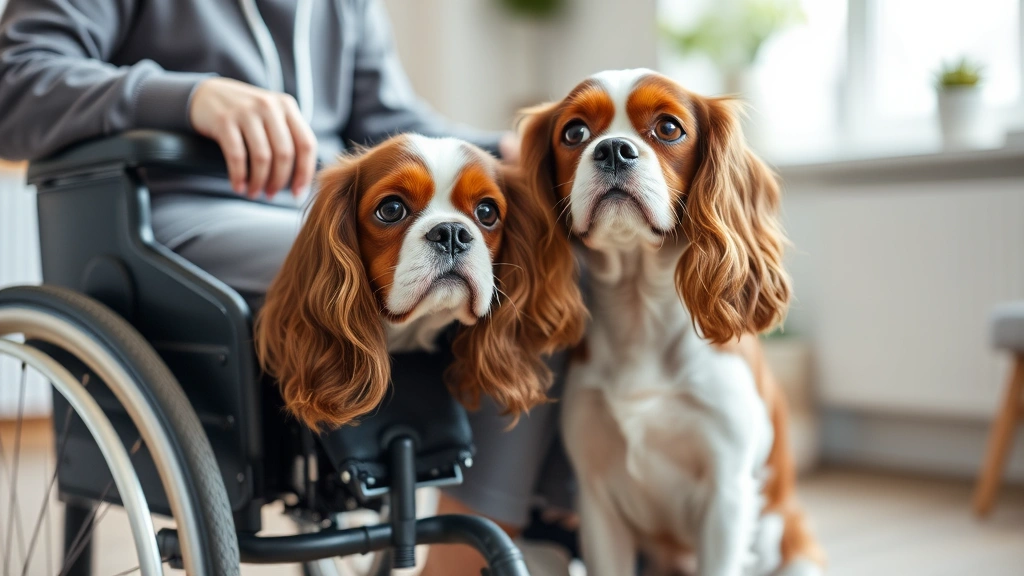 Cavalier King Charles Spaniel sitting attentively with person in wheelchair, peaceful indoor setting, showing human-dog therapeutic bond and connection