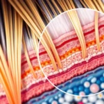 Close-up cross-section of healthy hair strands showing internal structure and protein bonds, magnified microscopic view with vibrant colors highlighting keratin layers, photorealistic scientific illustration style, no text or labels