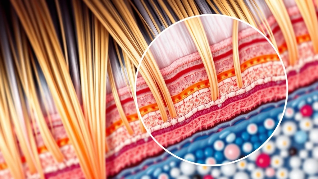 Close-up cross-section of healthy hair strands showing internal structure and protein bonds, magnified microscopic view with vibrant colors highlighting keratin layers, photorealistic scientific illustration style, no text or labels
