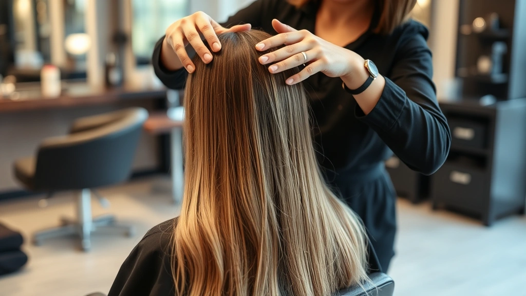 Professional hairstylist applying deep conditioning treatment mask to client's long highlighted hair in modern salon chair, focused on hair texture and product application